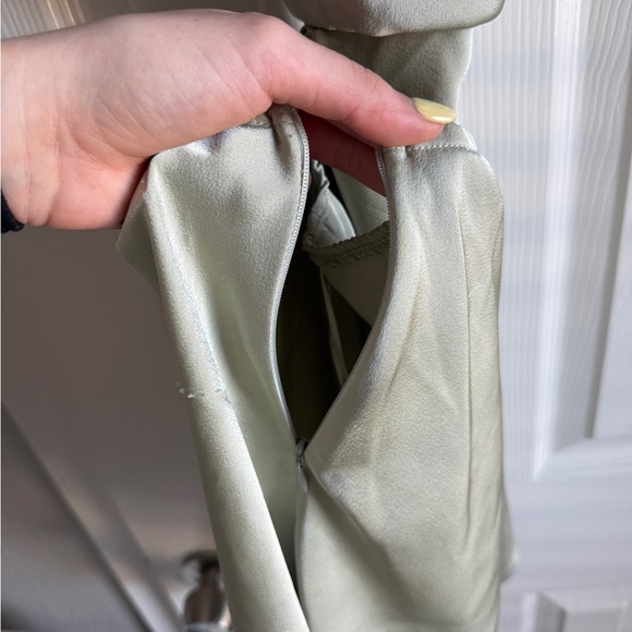 PRINCESS POLLY Jemma Mini Dress Sage Green Satin Silky Cutout Cowl Neck Dress 4 - Picture 5 of 7